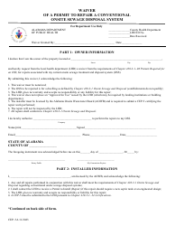 Document preview: Form CEP-5A Waiver of a Permit to Repair a Conventional Onsite Sewage Disposal System - Alabama