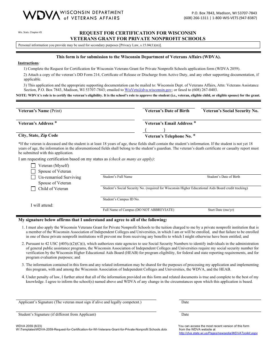 Form WDVA2059 Request for Certification for Wisconsin Veterans Grant for Private Nonprofit Schools - Wisconsin, Page 1
