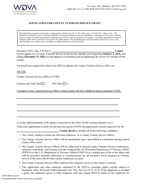 Form WDVA0055A Application for County Veterans Service Grant - Wisconsin, 2024