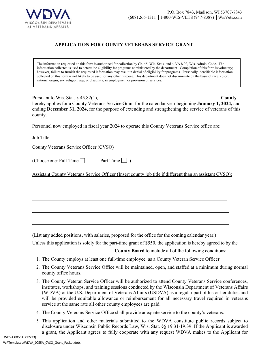 Form WDVA0055A Application for County Veterans Service Grant - Wisconsin, Page 1