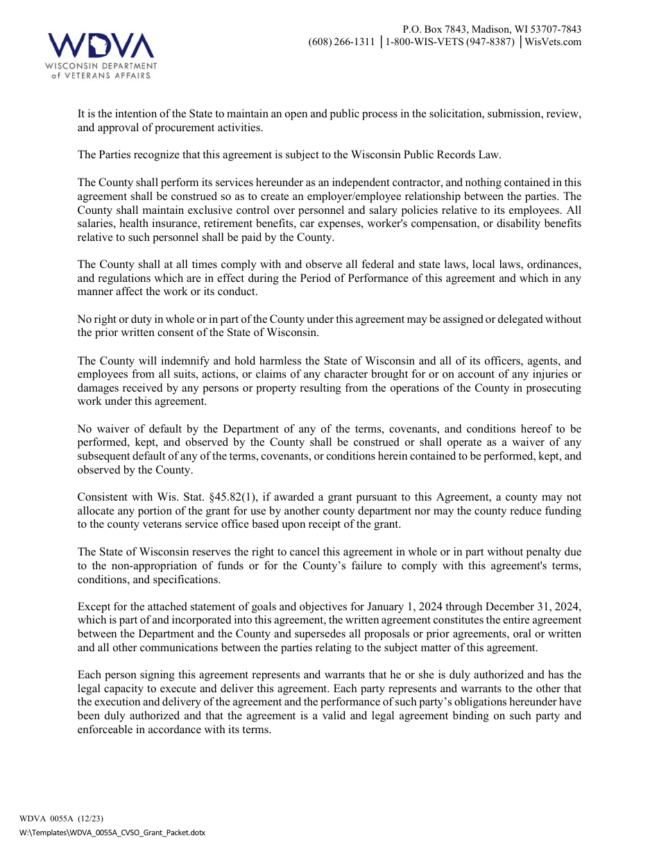 Form WDVA0055A Application for County Veterans Service Grant - Wisconsin, Page 5