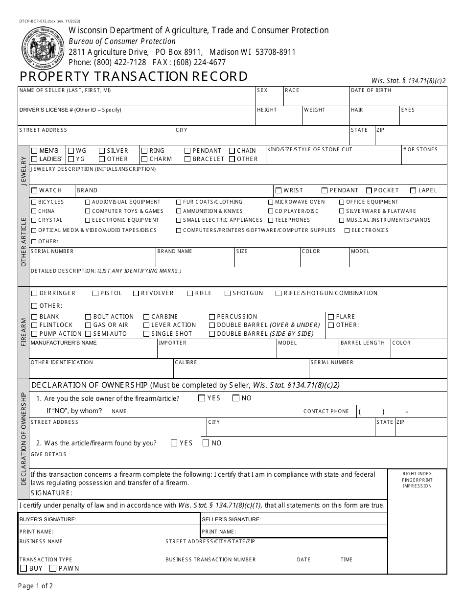 Form DTCP-BCP-012 Property Transaction Record - Wisconsin, Page 1