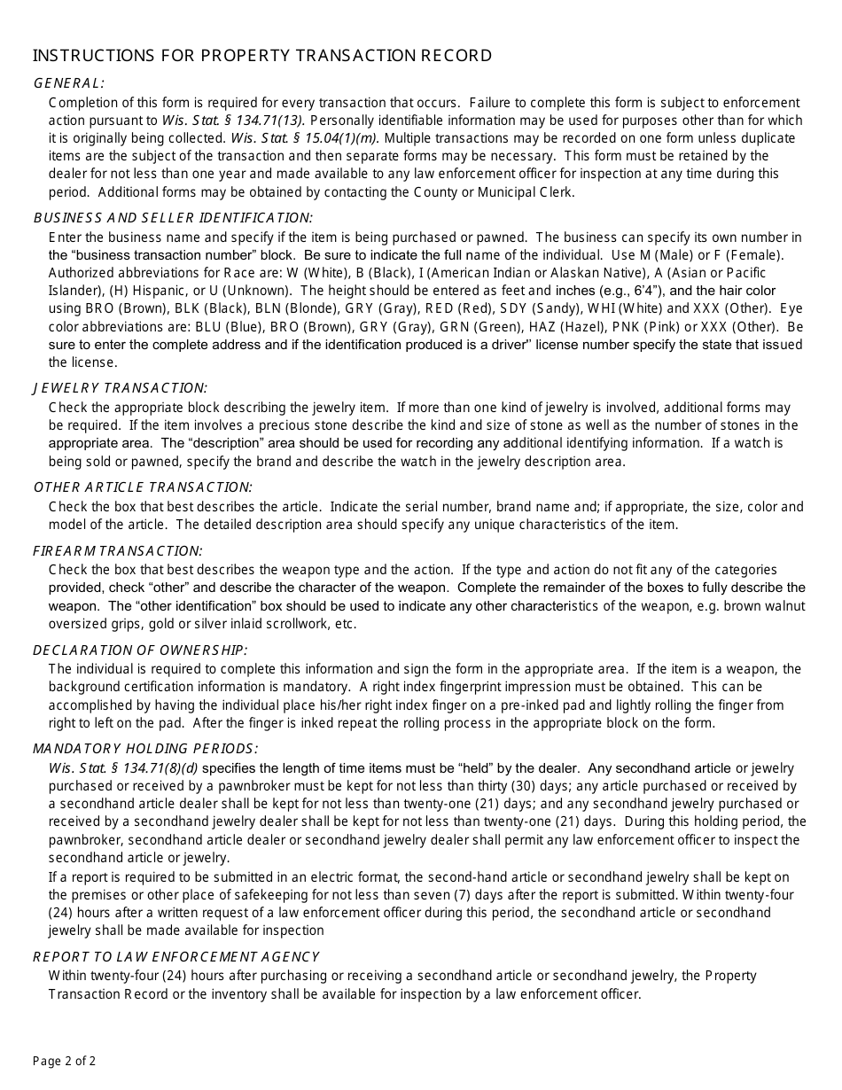Form DTCP-BCP-012 Property Transaction Record - Wisconsin, Page 2