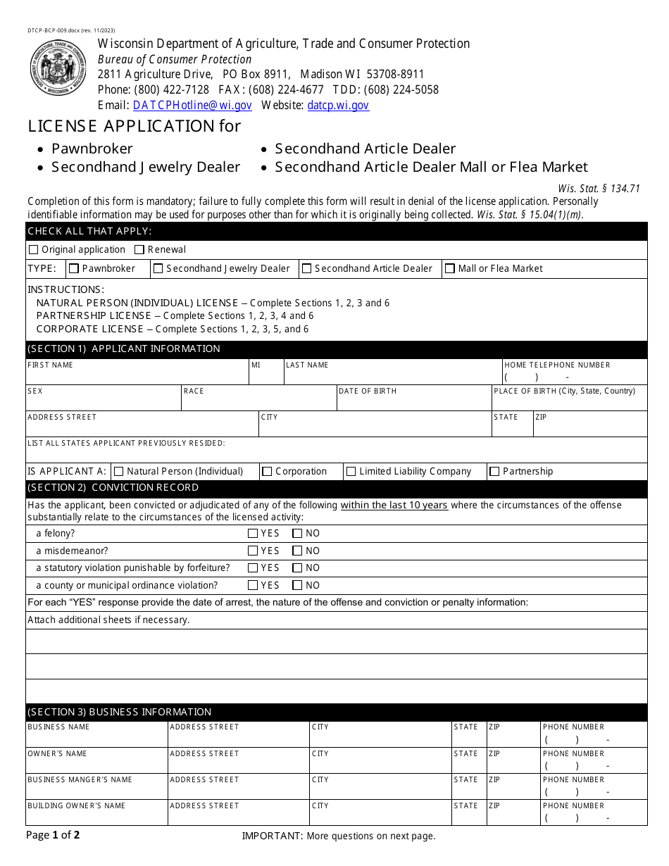 Form DTCP-BCP-009 License Application for Pawnbroker / Secondhand Jewelry Dealer / Secondhand Article Dealer / Secondhand Article Dealer Mall or Flea Market - Wisconsin, Page 1