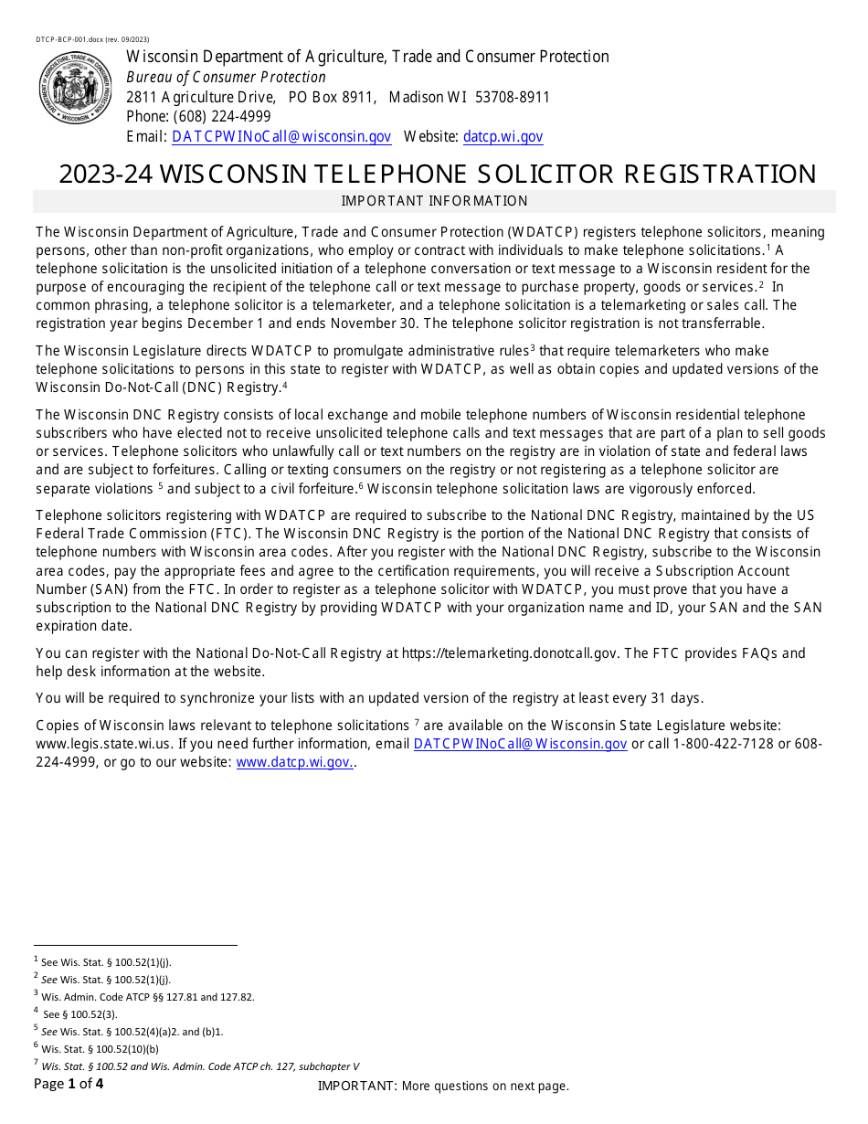 Form DTCP-BCP-001 Wisconsin Telephone Solicitor Registration - Wisconsin, Page 1