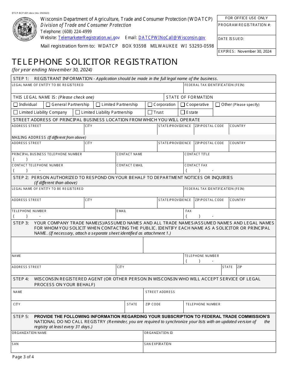 Form DTCP-BCP-001 Wisconsin Telephone Solicitor Registration - Wisconsin, Page 3