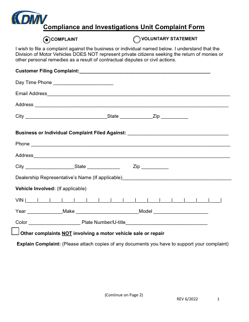 Compliance and Investigations Unit Complaint Form - Delaware