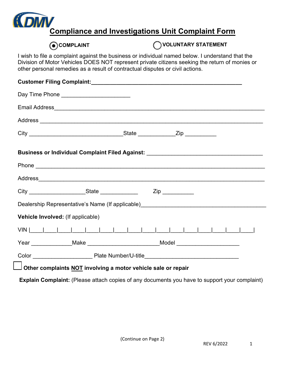 Compliance and Investigations Unit Complaint Form - Delaware, Page 1