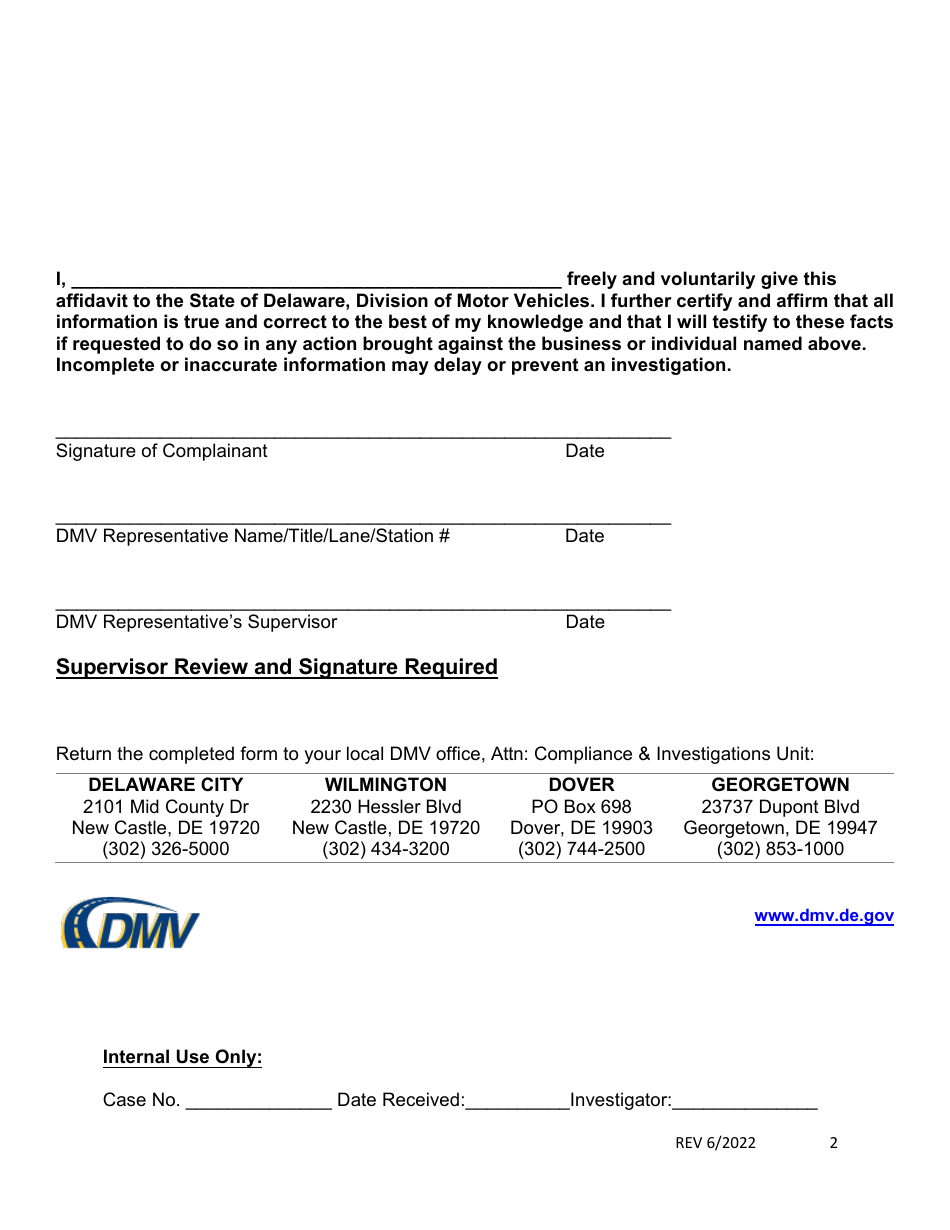 Compliance and Investigations Unit Complaint Form - Delaware, Page 2