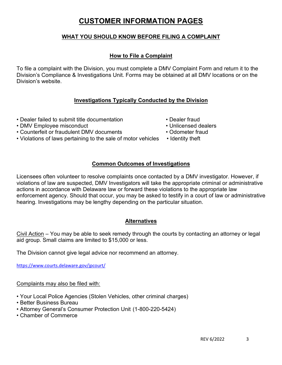 Compliance and Investigations Unit Complaint Form - Delaware, Page 3