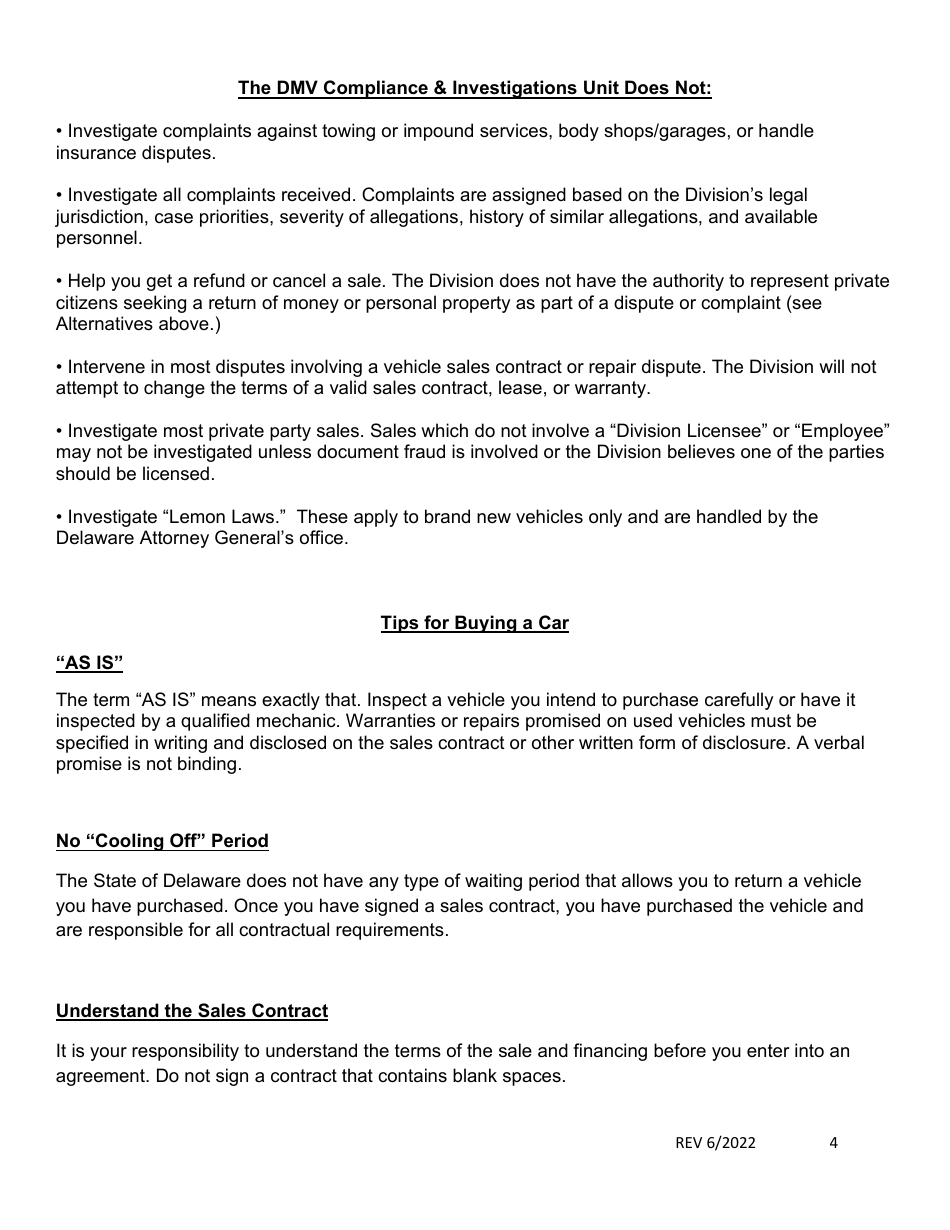 Compliance and Investigations Unit Complaint Form - Delaware, Page 4