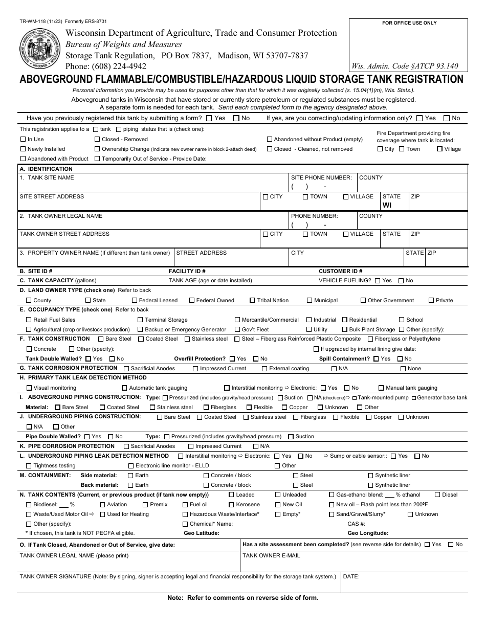 Form TR-WM-118 Aboveground Flammable / Combustible / Hazardous Liquid Storage Tank Registration - Wisconsin, Page 1