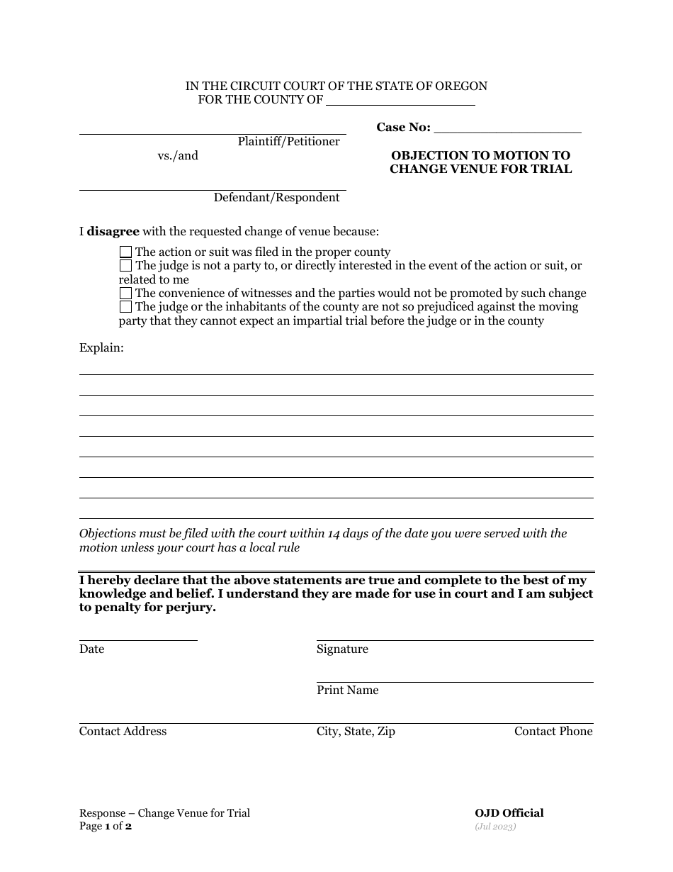 Oregon Objection to Motion to Change Venue for Trial - Fill Out, Sign ...