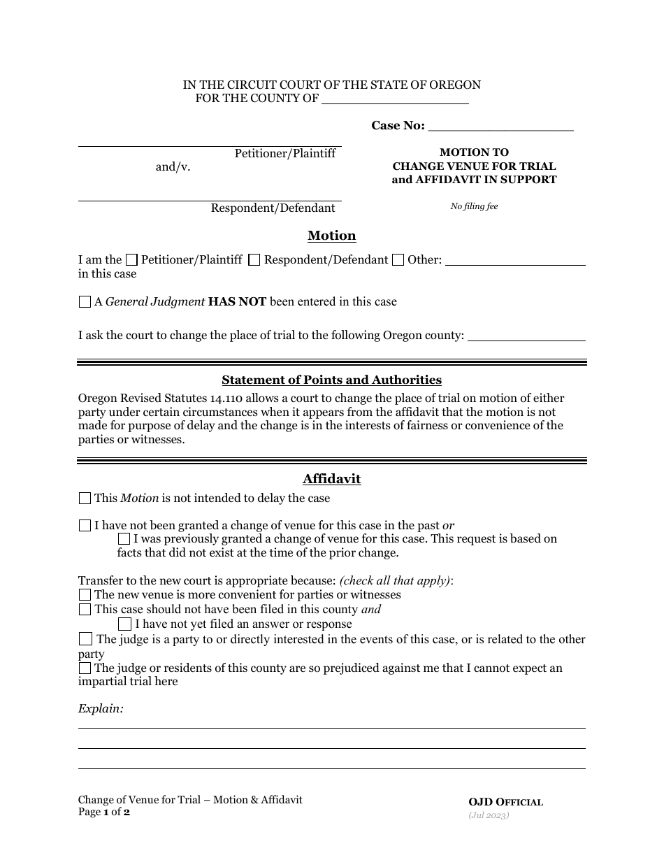 Motion to Change Venue for Trial and Affidavit in Support - Oregon, Page 3