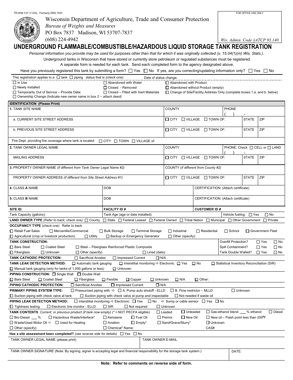 Form TR-WM-137 Underground Flammable / Combustible / Hazardous Liquid Storage Tank Registration - Wisconsin, Page 1