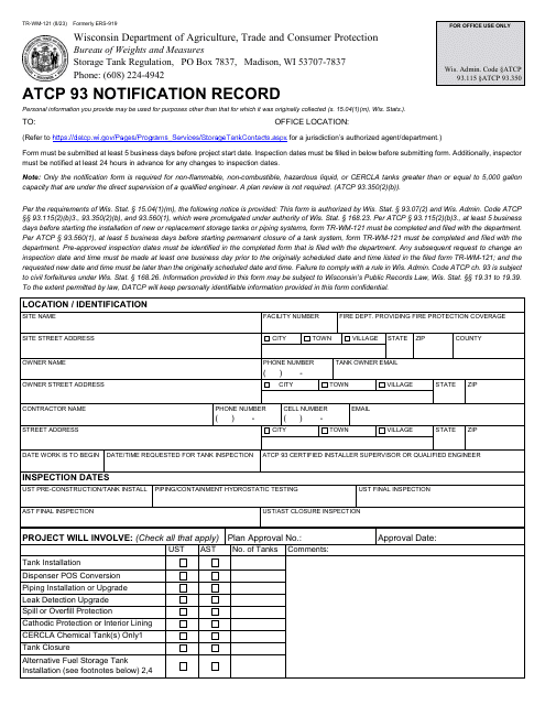Form TR-WM-121 Atcp 93 Notification Record - Wisconsin