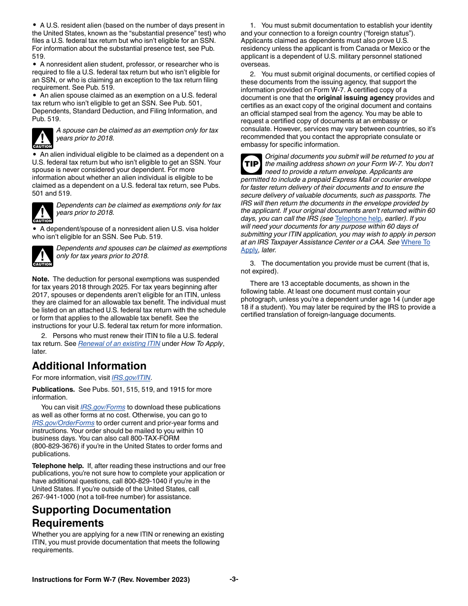Instructions for IRS Form W-7 Application for IRS Individual Taxpayer Identification Number, Page 3