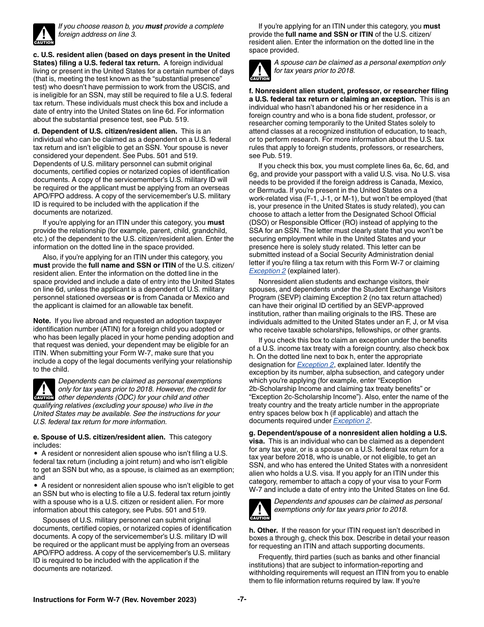 Instructions for IRS Form W-7 Application for IRS Individual Taxpayer Identification Number, Page 7