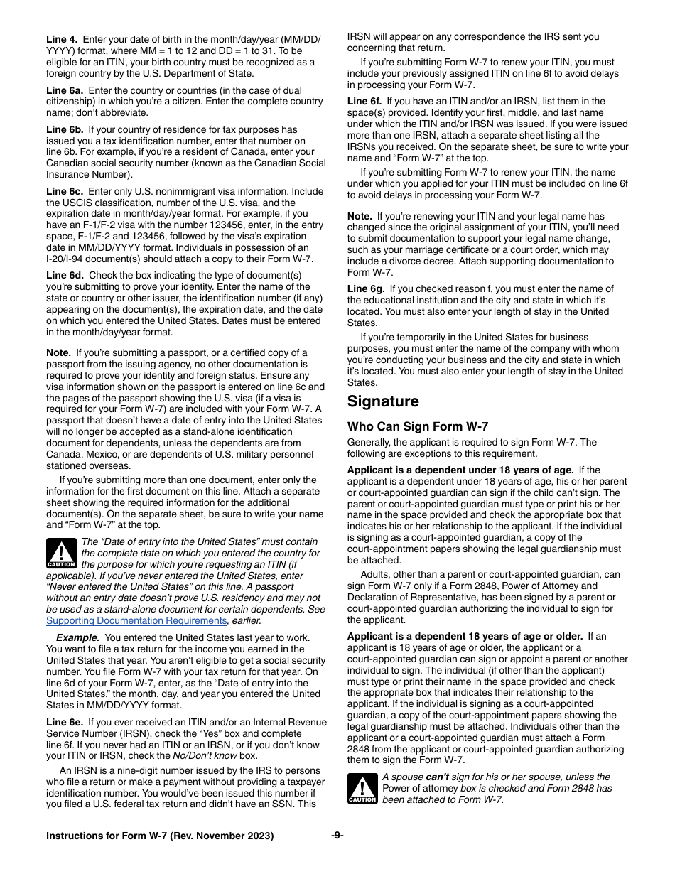 Instructions for IRS Form W-7 Application for IRS Individual Taxpayer Identification Number, Page 9