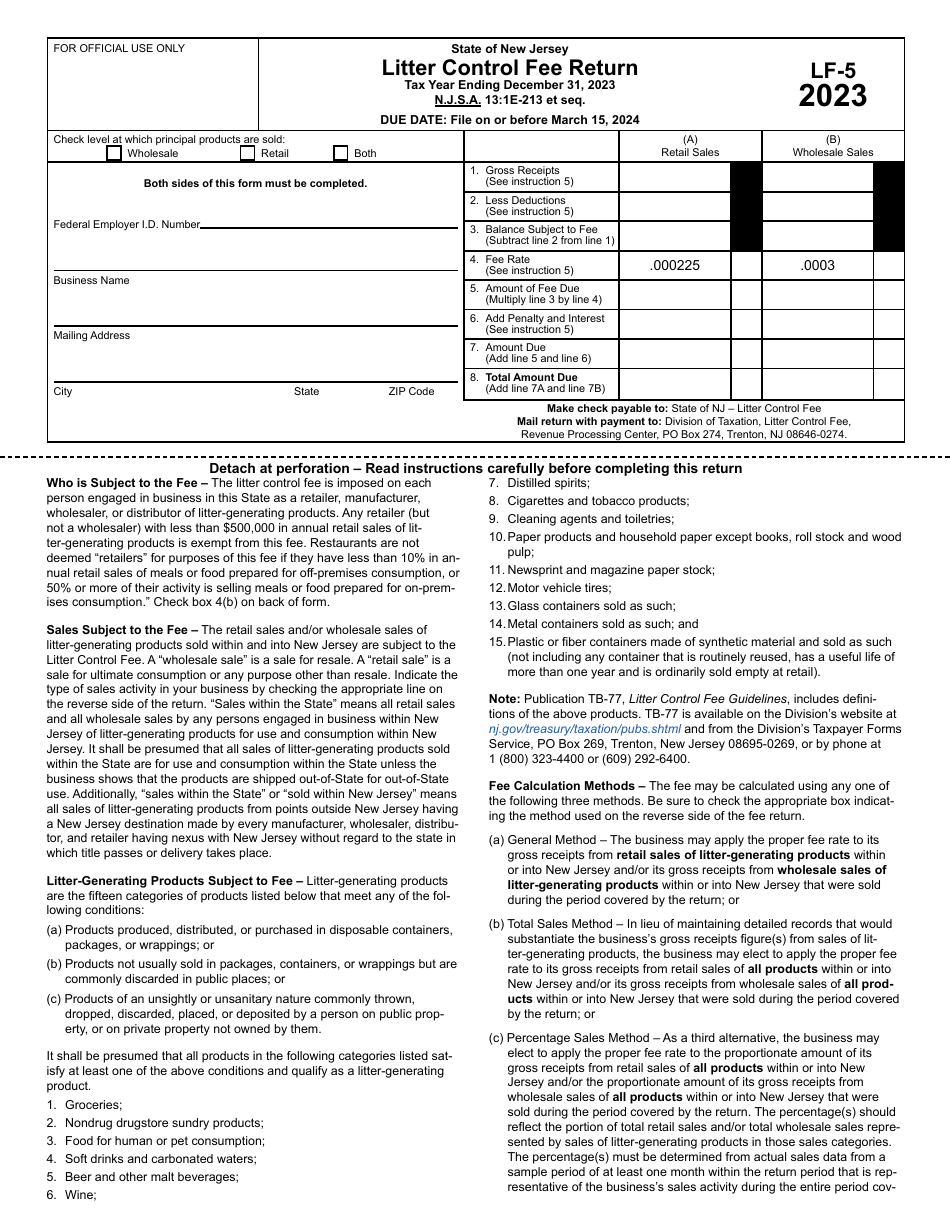 Form LF-5 Litter Control Fee Return - New Jersey, Page 1