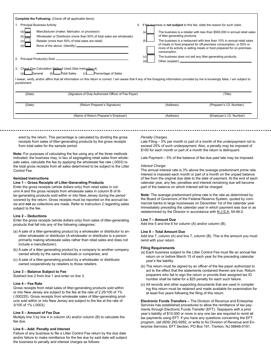 Form LF-5 Litter Control Fee Return - New Jersey, Page 2