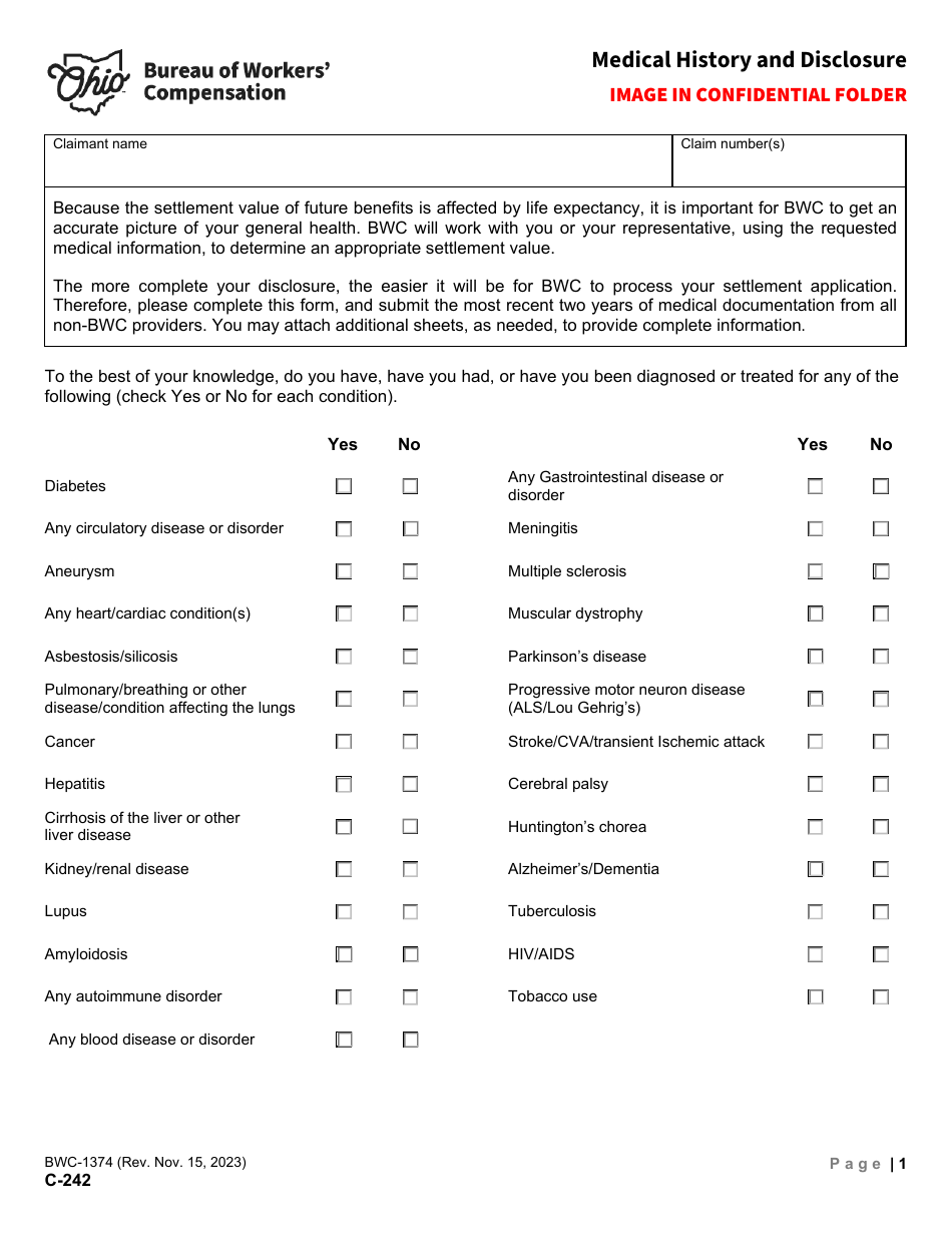 Form C-242 (BWC-1374) Download Fillable PDF or Fill Online Medical ...