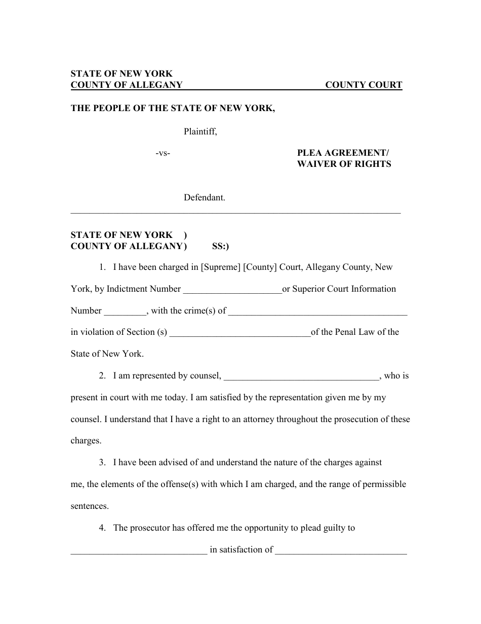 Plea Agreement / Waiver of Rights - Allegany County, New York, Page 1