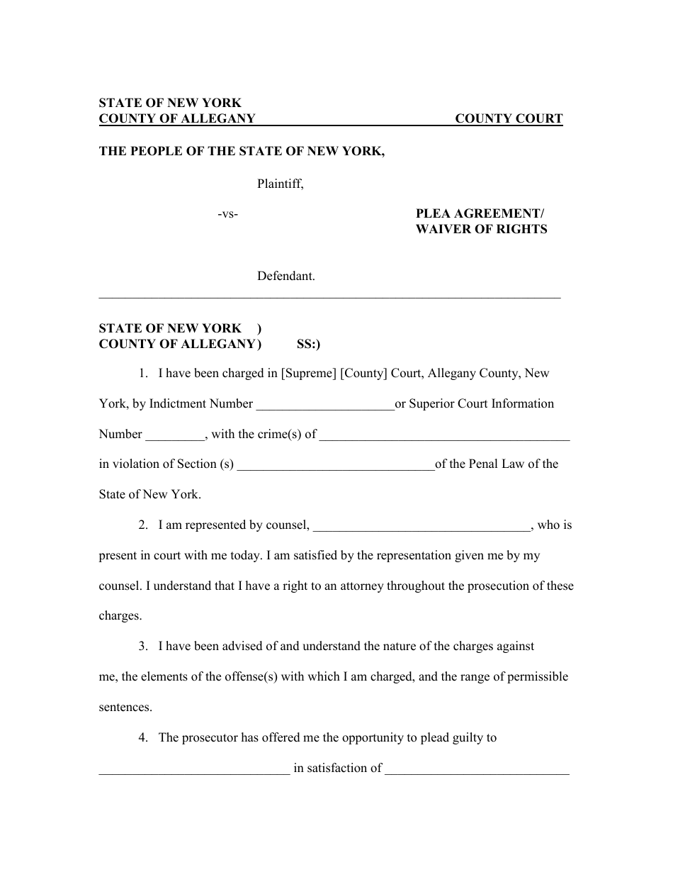 Allegany County, New York Plea Agreement/Waiver of Rights - Fill Out ...