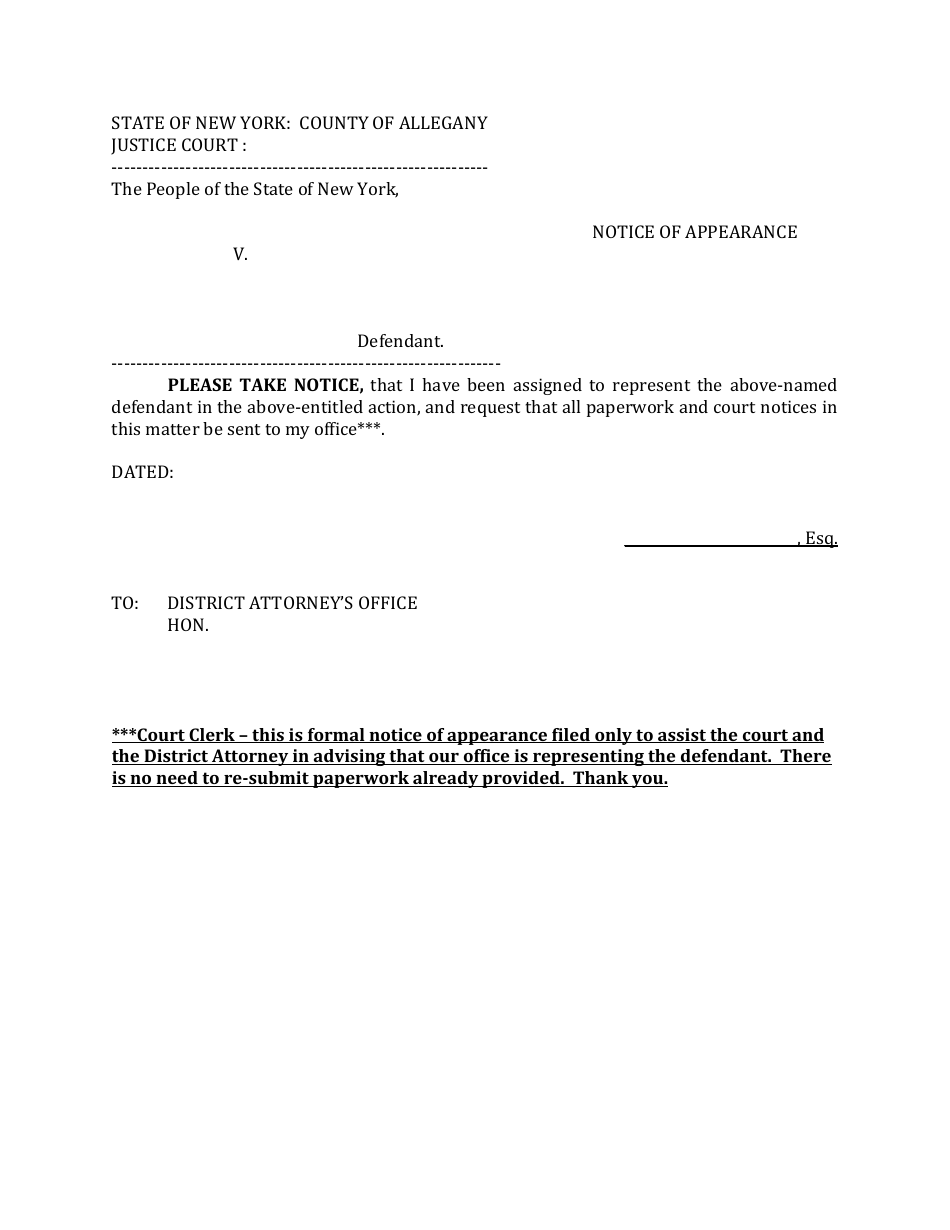 Criminal Notice of Appearance - Allegany County, New York, Page 1