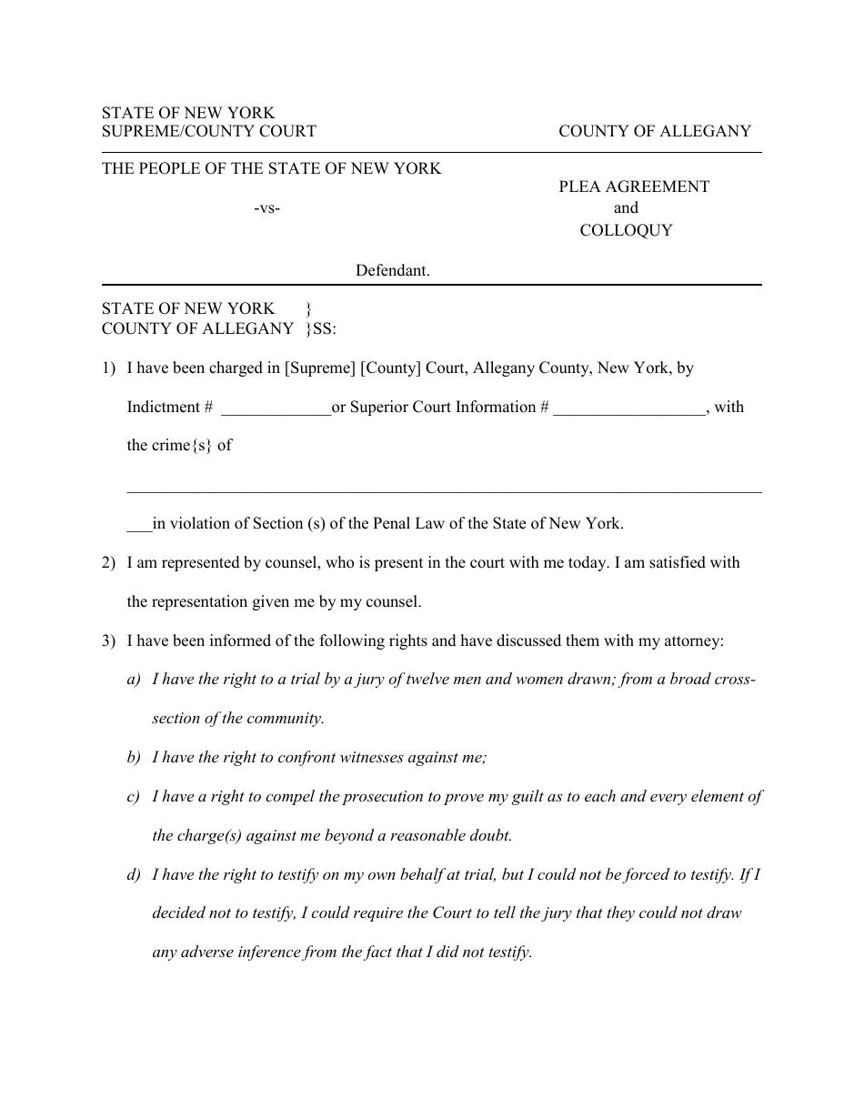 Allegany County, New York Plea Agreement and Colloquy Fill Out, Sign Online and Download PDF