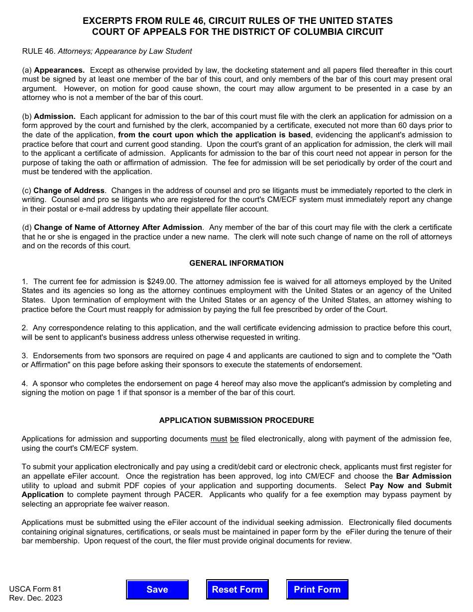 USCA Form 81 Application for Admission to Practice - Washington, D.C., Page 5