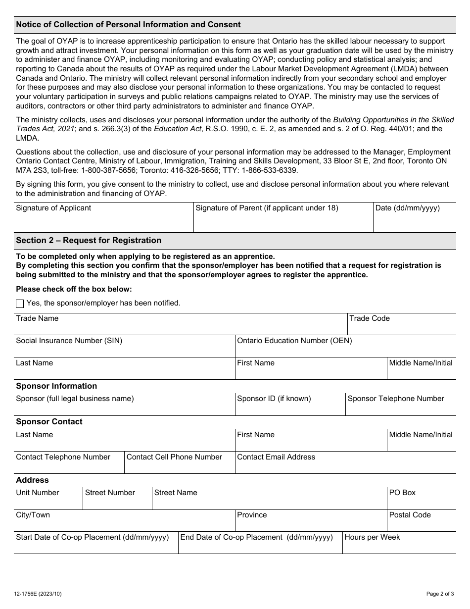 Form 12-1756E Participant Application Form - Ontario Youth Apprenticeship Program (Oyap) - Ontario, Canada, Page 2