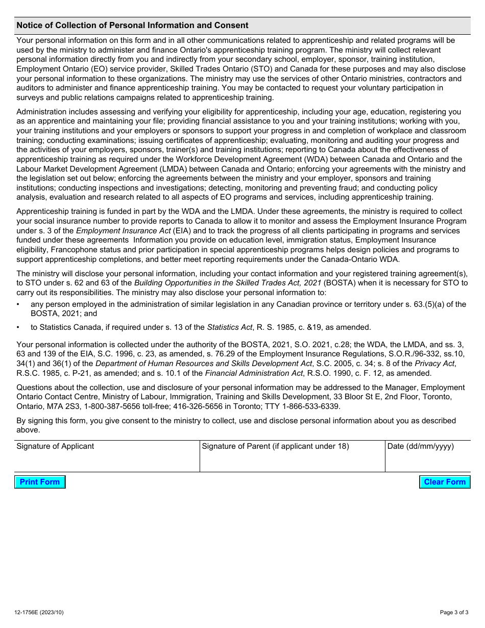 Form 12-1756E Participant Application Form - Ontario Youth Apprenticeship Program (Oyap) - Ontario, Canada, Page 3