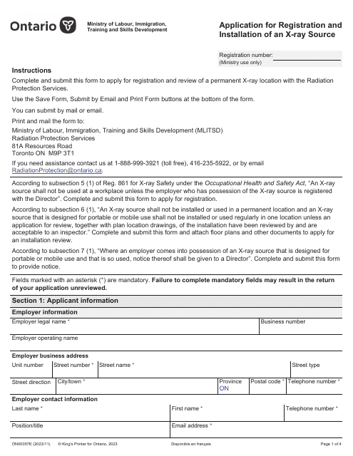 Form ON00057E Application for Registration and Installation of an X-Ray Source - Ontario, Canada