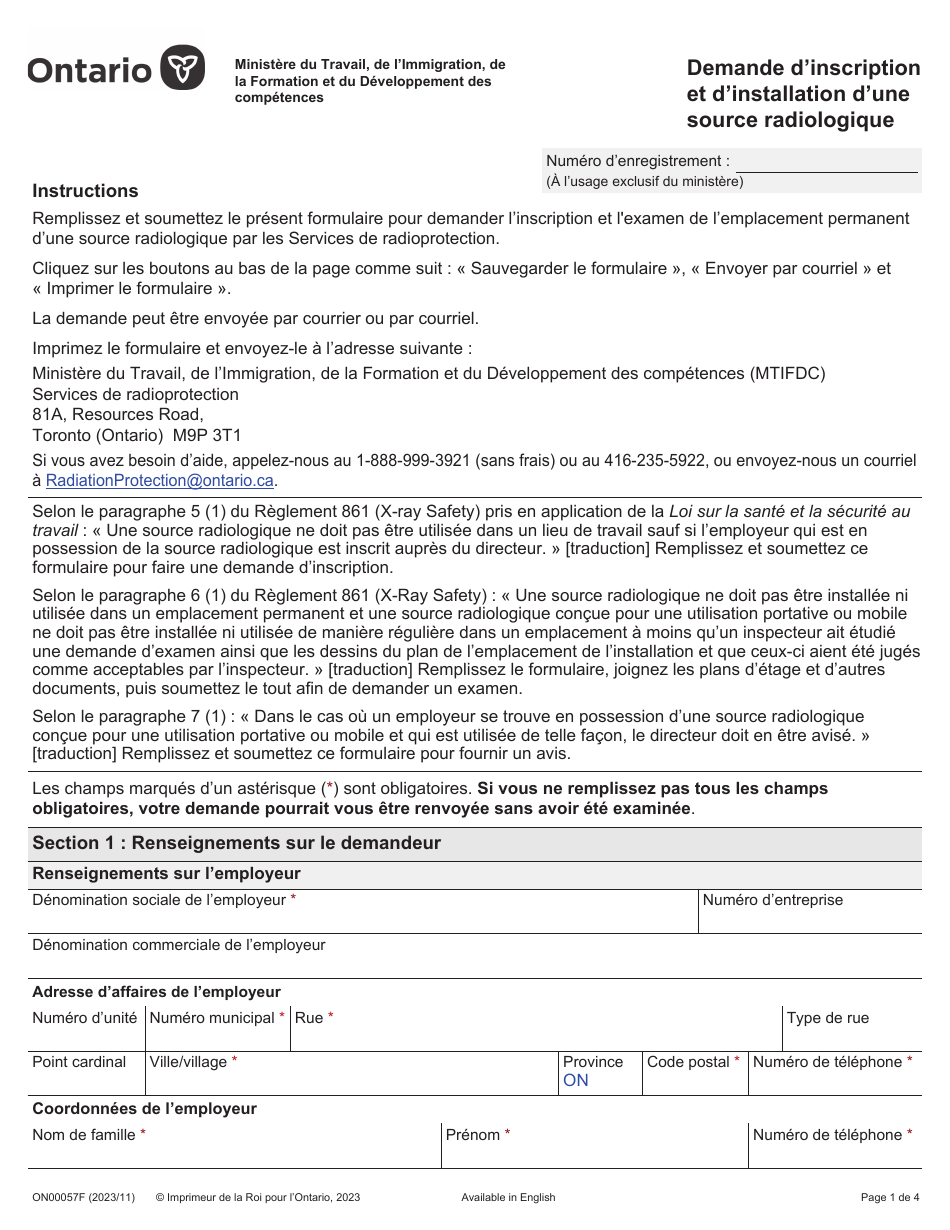 Forme ON00057F Demande Dinscription Et Dinstallation Dune Source Radiologique - Ontario, Canada (French), Page 1