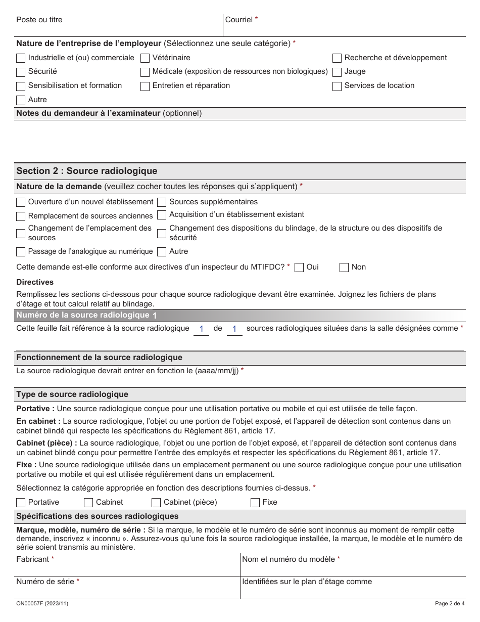 Forme ON00057F Demande Dinscription Et Dinstallation Dune Source Radiologique - Ontario, Canada (French), Page 2