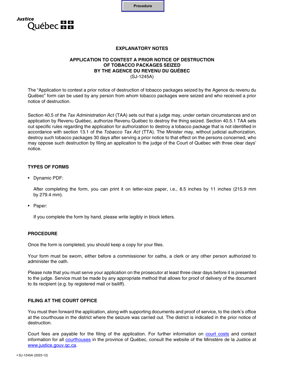 Form SJ-1245A Application to Contest a Prior Notice of Destruction of Tobacco Packages Seized by the Agence Du Revenu Du Quebec - Quebec, Canada, Page 1