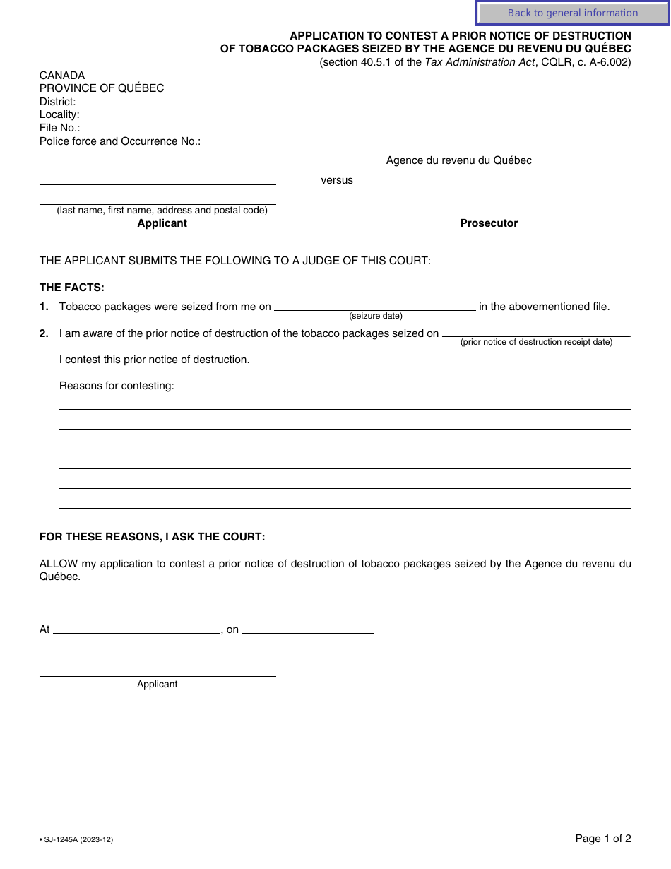 Form SJ-1245A Application to Contest a Prior Notice of Destruction of Tobacco Packages Seized by the Agence Du Revenu Du Quebec - Quebec, Canada, Page 4