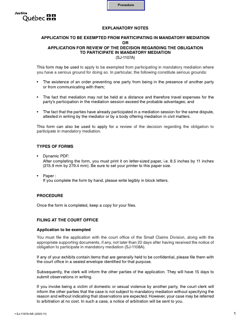 Form SJ-1107A Application to Be Exempted From Participating in Mandatory Mediation/Application for Review of the Decision Regarding the Obligation to Participate in Mandatory Mediation - Quebec, Canada
