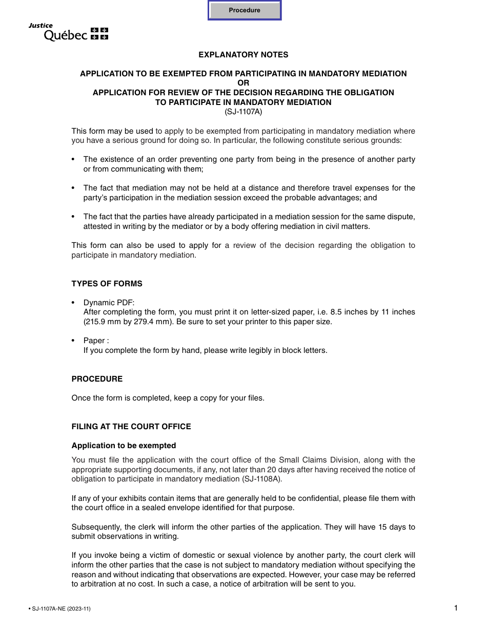 Form SJ-1107A Application to Be Exempted From Participating in Mandatory Mediation / Application for Review of the Decision Regarding the Obligation to Participate in Mandatory Mediation - Quebec, Canada, Page 1