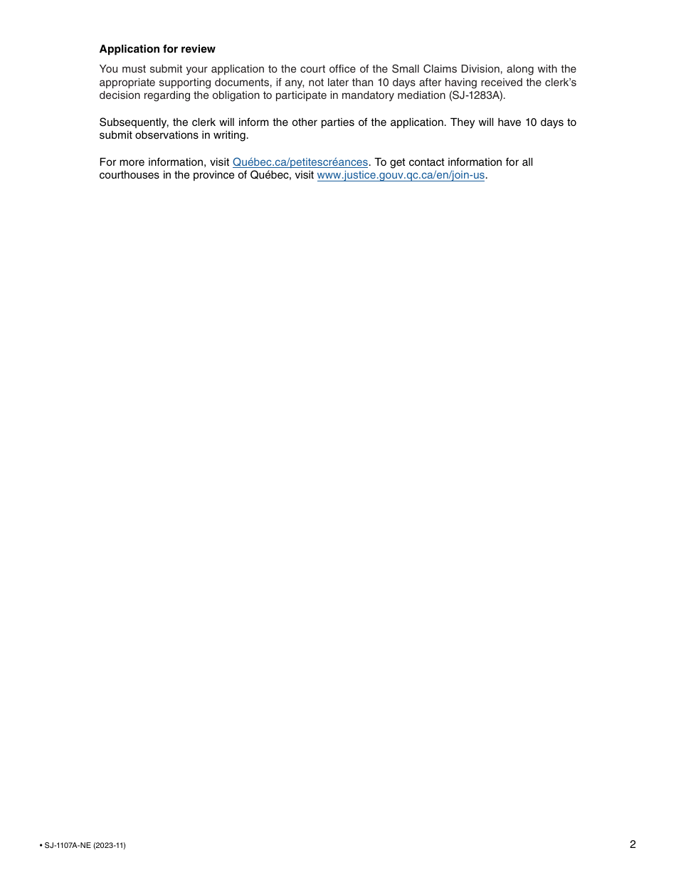 Form SJ-1107A Application to Be Exempted From Participating in Mandatory Mediation / Application for Review of the Decision Regarding the Obligation to Participate in Mandatory Mediation - Quebec, Canada, Page 2