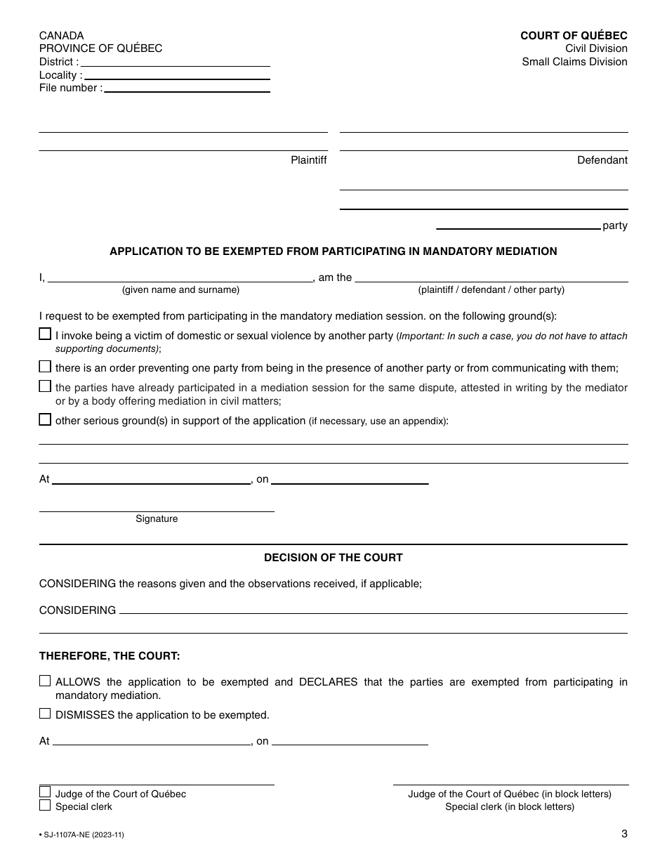 Form SJ-1107A Application to Be Exempted From Participating in Mandatory Mediation / Application for Review of the Decision Regarding the Obligation to Participate in Mandatory Mediation - Quebec, Canada, Page 3