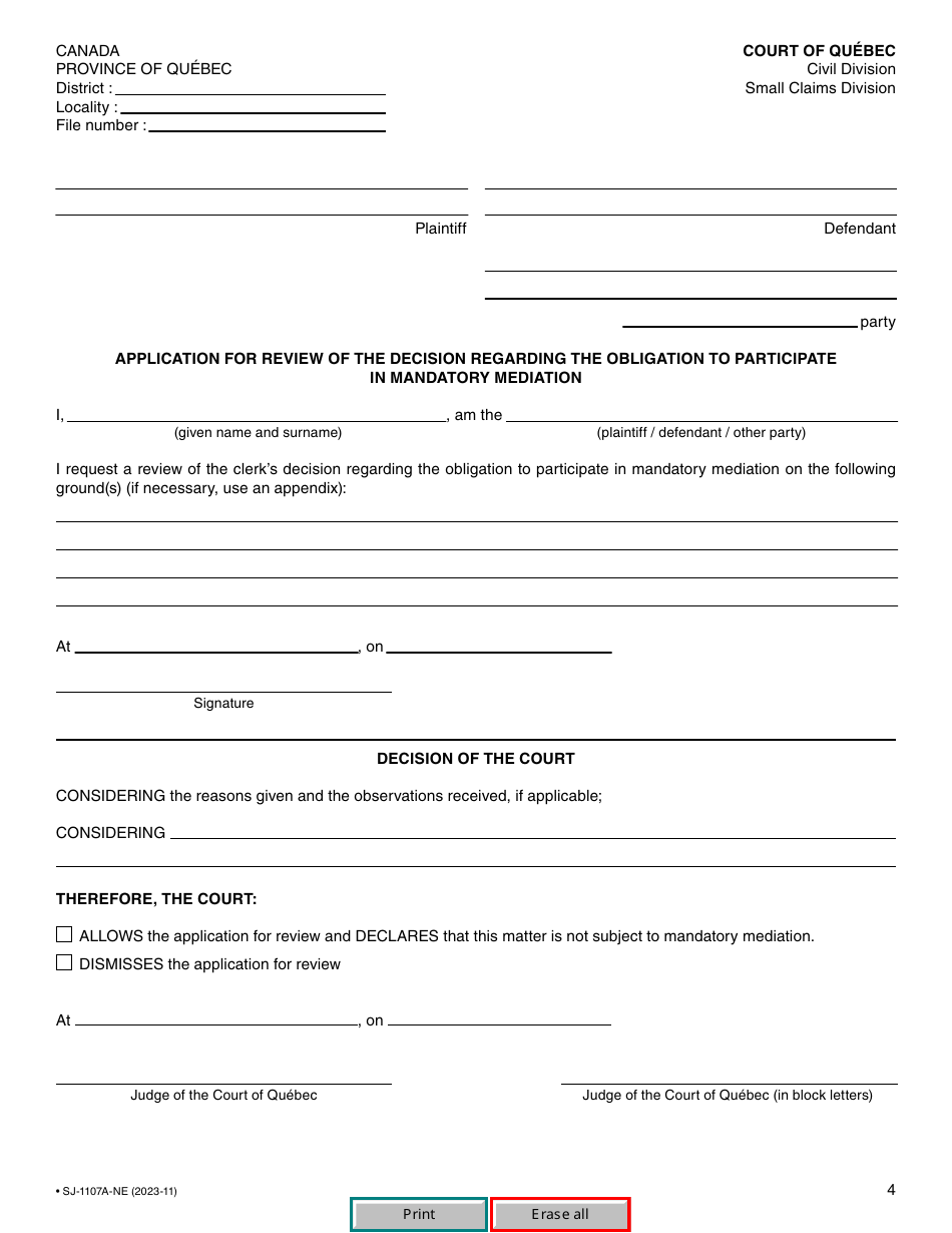 Form SJ-1107A Application to Be Exempted From Participating in Mandatory Mediation / Application for Review of the Decision Regarding the Obligation to Participate in Mandatory Mediation - Quebec, Canada, Page 4