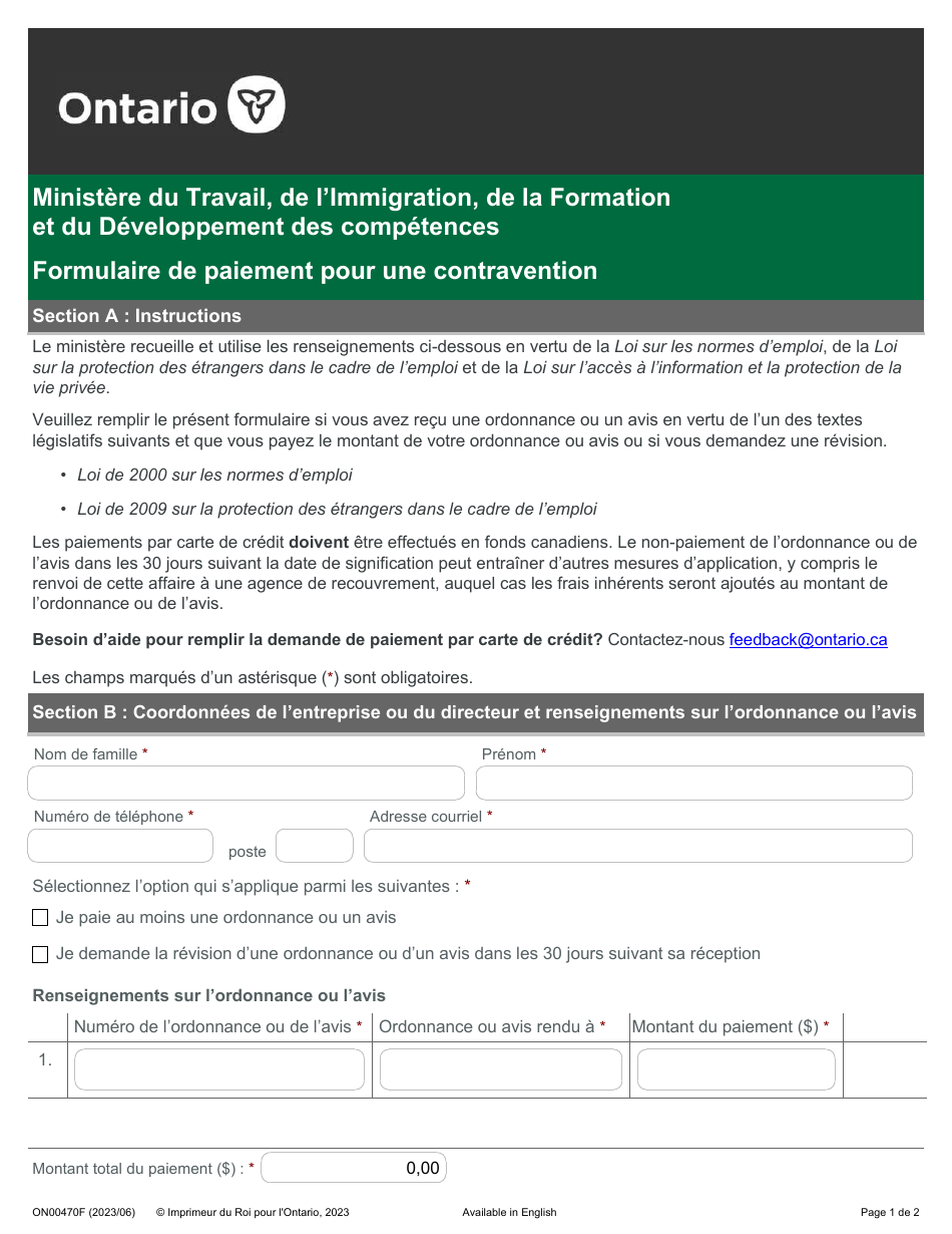 Forme ON00470F Formulaire De Paiement Pour Une Contravention - Ontario, Canada (French), Page 1