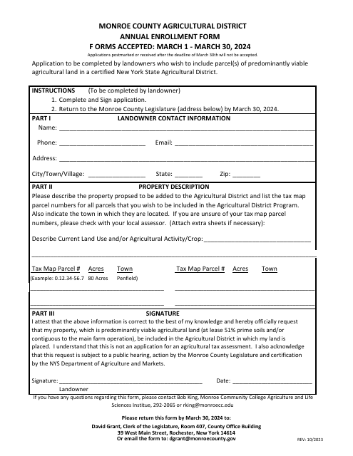 Monroe County Agricultural District Annual Enrollment Form - Monroe County, New York, 2024