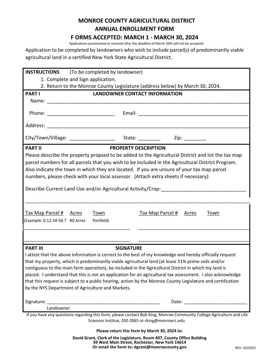 Monroe County Agricultural District Annual Enrollment Form - Monroe County, New York, Page 1
