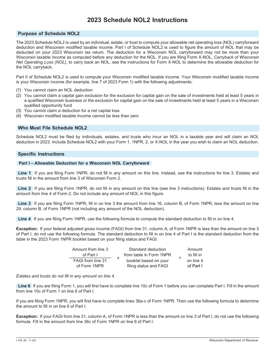 Download Instructions for Form I055 Schedule NOL2 Net Operating Loss