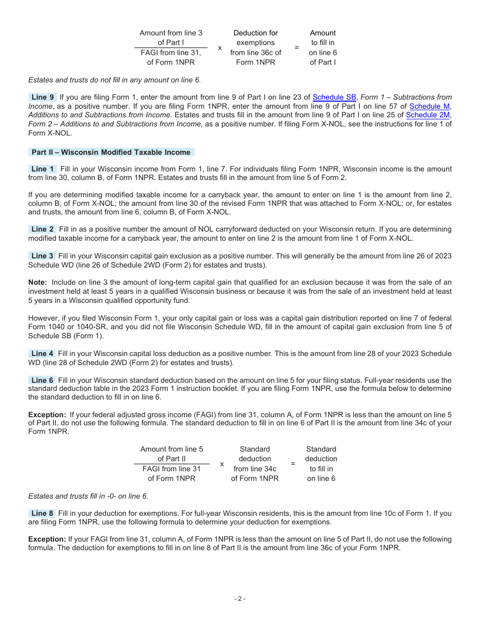 Instructions for Form I-055 Schedule NOL2 Net Operating Loss Deduction and Wisconsin Modified Taxable Income - Wisconsin, Page 2