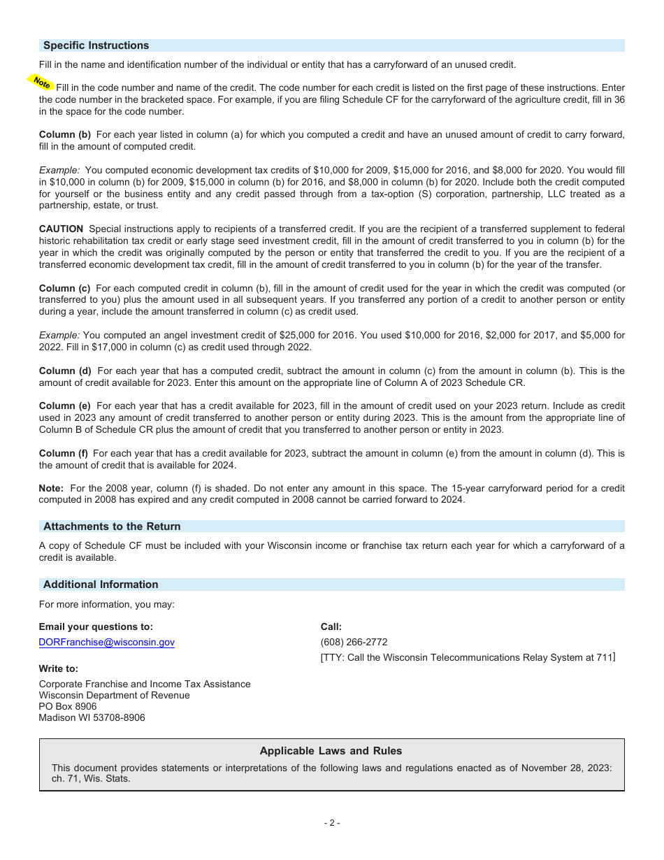 Instructions for Form I-047 Schedule CF Carryforward of Unused Credits - Wisconsin, Page 2