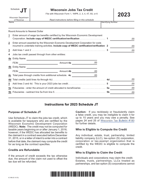 Form IC-066 Schedule JT Wisconsin Jobs Tax Credit - Wisconsin, 2023